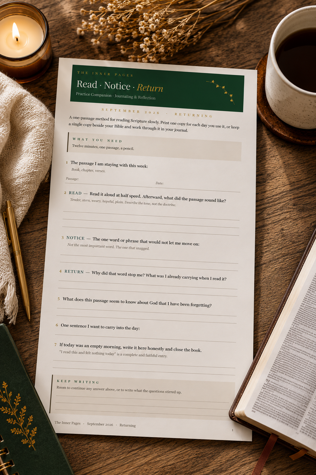 Read, Notice, Return — Slow Scripture Reading Worksheet for One Passage (Printable PDF)